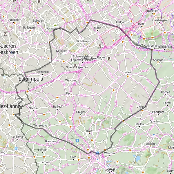 Miniature de la carte de l'inspiration cycliste "Tour à vélo autour de Tournai" dans la Nord-Pas de Calais, France. Générée par le planificateur d'itinéraire cycliste Tarmacs.app