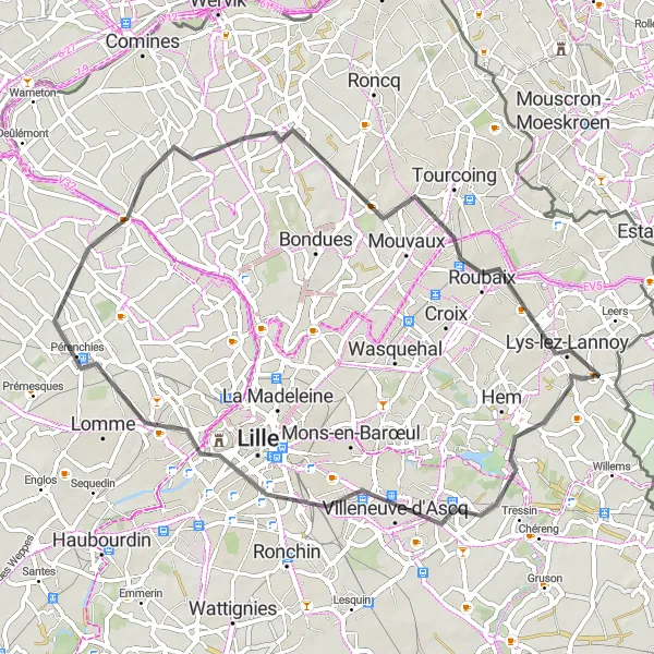 Miniature de la carte de l'inspiration cycliste "Circuit autour de Lille" dans la Nord-Pas de Calais, France. Générée par le planificateur d'itinéraire cycliste Tarmacs.app