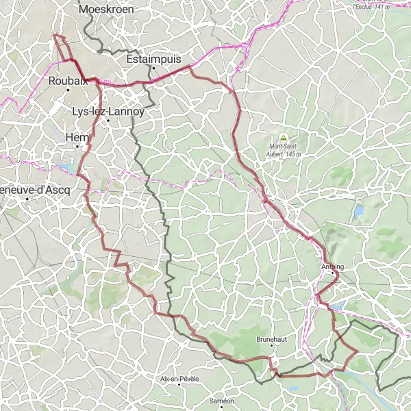 Map miniature of "Gravel Route: Tourcoing Pecq" cycling inspiration in Nord-Pas de Calais, France. Generated by Tarmacs.app cycling route planner