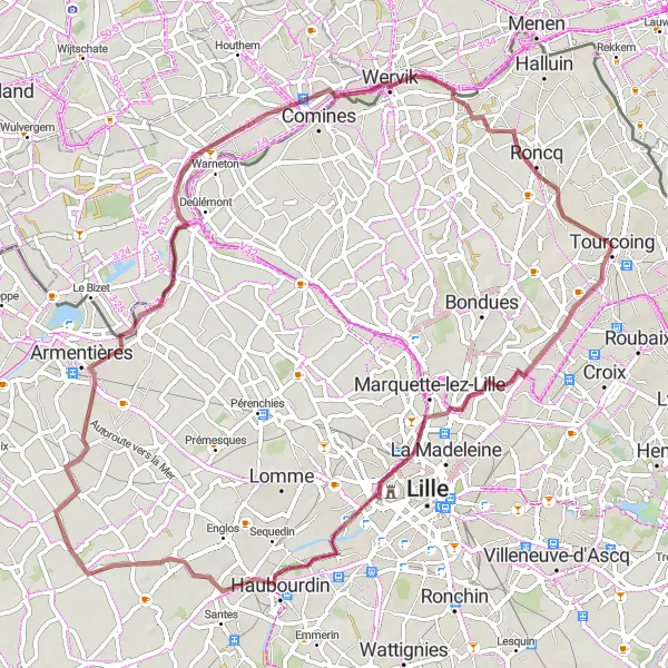 Map miniature of "Gravel Route: Marcq-en-Barœul Round Trip" cycling inspiration in Nord-Pas de Calais, France. Generated by Tarmacs.app cycling route planner