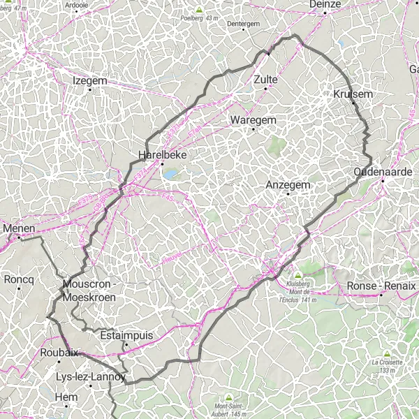 Map miniature of "Roads of Flanders" cycling inspiration in Nord-Pas de Calais, France. Generated by Tarmacs.app cycling route planner
