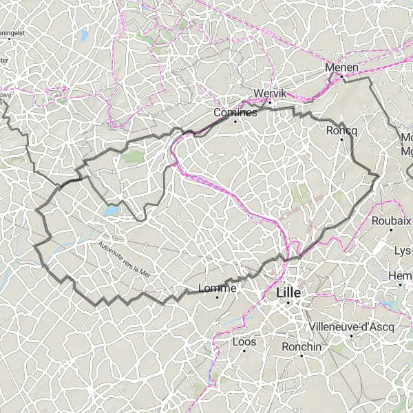 Miniature de la carte de l'inspiration cycliste "Sur les routes de Flandre" dans la Nord-Pas de Calais, France. Générée par le planificateur d'itinéraire cycliste Tarmacs.app