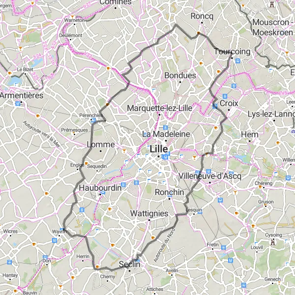 Miniature de la carte de l'inspiration cycliste "Tour pittoresque à vélo" dans la Nord-Pas de Calais, France. Générée par le planificateur d'itinéraire cycliste Tarmacs.app
