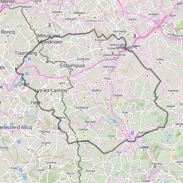 Miniature de la carte de l'inspiration cycliste "Boucle à vélo entre Tourcoing et Tournai" dans la Nord-Pas de Calais, France. Générée par le planificateur d'itinéraire cycliste Tarmacs.app