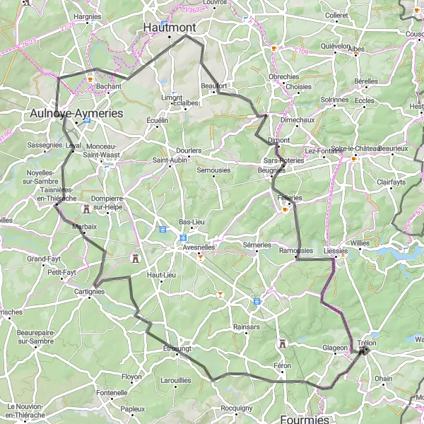Map miniature of "Les Charmes de l'Avesnois" cycling inspiration in Nord-Pas de Calais, France. Generated by Tarmacs.app cycling route planner