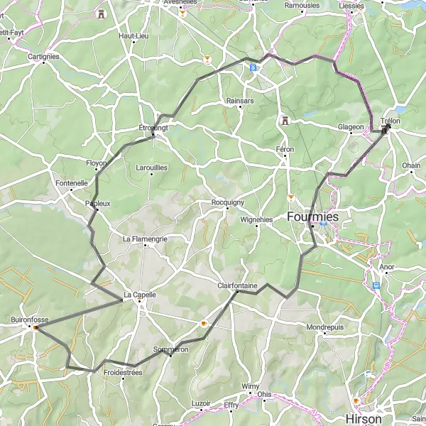 Miniature de la carte de l'inspiration cycliste "Parcours autour de Trélon à rocheux" dans la Nord-Pas de Calais, France. Générée par le planificateur d'itinéraire cycliste Tarmacs.app