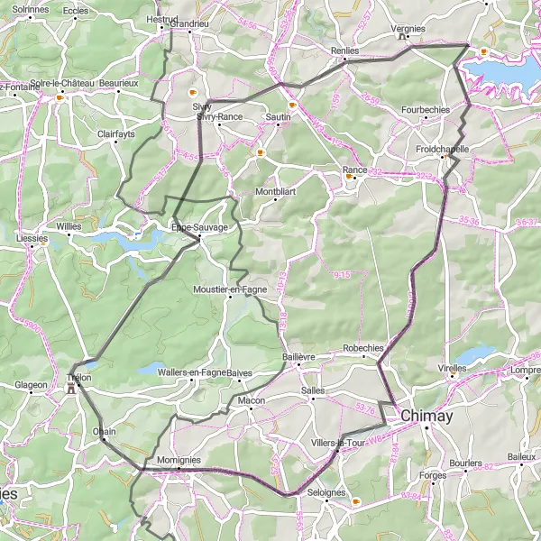 Map miniature of "Escapade dans le Sud de la Bourse" cycling inspiration in Nord-Pas de Calais, France. Generated by Tarmacs.app cycling route planner