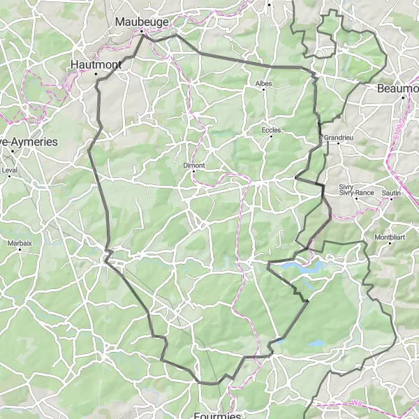 Miniature de la carte de l'inspiration cycliste "Les Vallées de l'Helpe" dans la Nord-Pas de Calais, France. Générée par le planificateur d'itinéraire cycliste Tarmacs.app