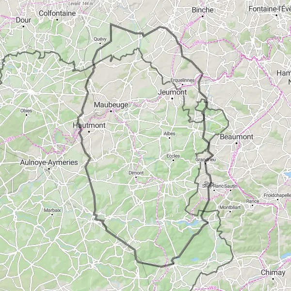 Map miniature of "Boucle des Collines de l'Avesnois" cycling inspiration in Nord-Pas de Calais, France. Generated by Tarmacs.app cycling route planner