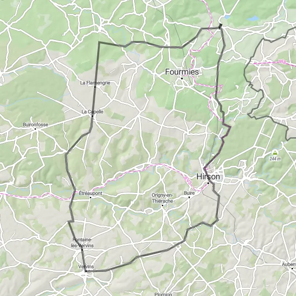 Miniature de la carte de l'inspiration cycliste "Les Chemins du Vervinois" dans la Nord-Pas de Calais, France. Générée par le planificateur d'itinéraire cycliste Tarmacs.app