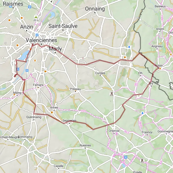 Miniature de la carte de l'inspiration cycliste "La boucle de Valenciennes" dans la Nord-Pas de Calais, France. Générée par le planificateur d'itinéraire cycliste Tarmacs.app