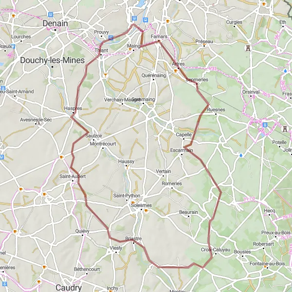 Miniature de la carte de l'inspiration cycliste "Les collines de l'Escaut" dans la Nord-Pas de Calais, France. Générée par le planificateur d'itinéraire cycliste Tarmacs.app