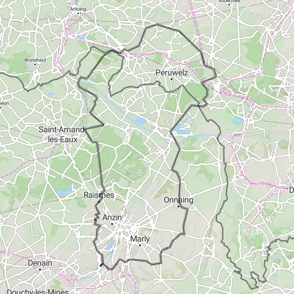 Miniature de la carte de l'inspiration cycliste "Parcours de cyclisme route vers Aulnoy-lez-Valenciennes" dans la Nord-Pas de Calais, France. Générée par le planificateur d'itinéraire cycliste Tarmacs.app