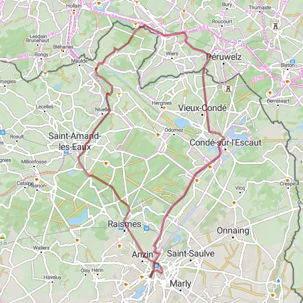 Miniature de la carte de l'inspiration cycliste "La Boucle du Mont des Ermites" dans la Nord-Pas de Calais, France. Générée par le planificateur d'itinéraire cycliste Tarmacs.app