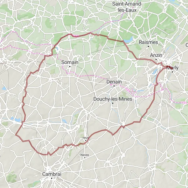 Miniature de la carte de l'inspiration cycliste "Parcours Gravel autour de Valenciennes" dans la Nord-Pas de Calais, France. Générée par le planificateur d'itinéraire cycliste Tarmacs.app
