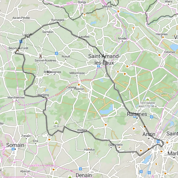 Miniature de la carte de l'inspiration cycliste "La Route des Eglises" dans la Nord-Pas de Calais, France. Générée par le planificateur d'itinéraire cycliste Tarmacs.app