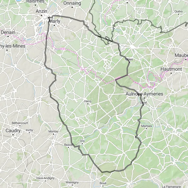Miniature de la carte de l'inspiration cycliste "Parcours panoramique avec dénivelé autour de Valenciennes" dans la Nord-Pas de Calais, France. Générée par le planificateur d'itinéraire cycliste Tarmacs.app