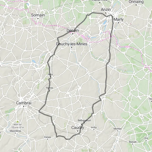 Miniature de la carte de l'inspiration cycliste "Boucle à vélo à la découverte du Nord près de Valenciennes" dans la Nord-Pas de Calais, France. Générée par le planificateur d'itinéraire cycliste Tarmacs.app