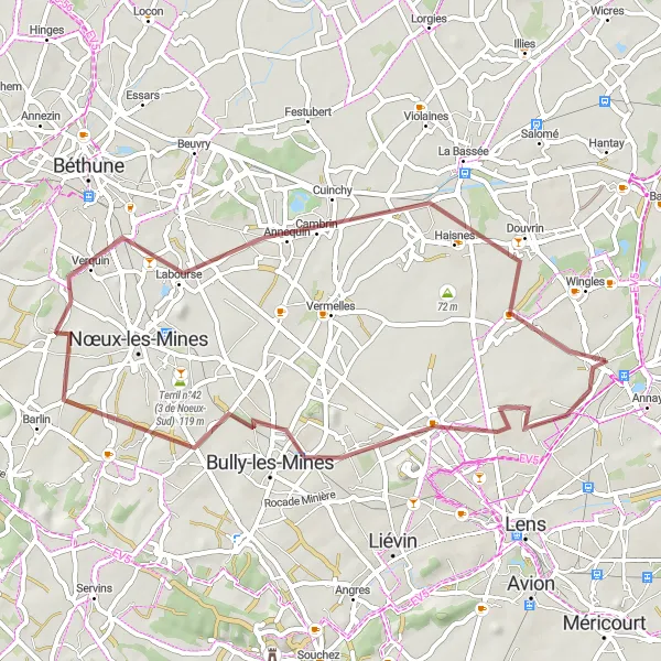 Map miniature of "Exploring Gravel Paths" cycling inspiration in Nord-Pas de Calais, France. Generated by Tarmacs.app cycling route planner