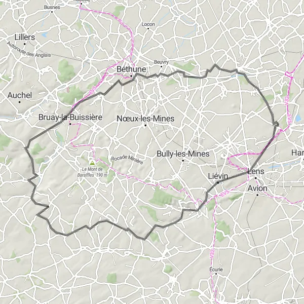 Miniature de la carte de l'inspiration cycliste "La Montagne Lens Circuit" dans la Nord-Pas de Calais, France. Générée par le planificateur d'itinéraire cycliste Tarmacs.app