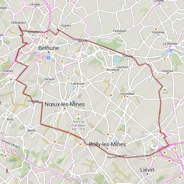 Miniature de la carte de l'inspiration cycliste "Parcours de gravel à Cuinchy" dans la Nord-Pas de Calais, France. Générée par le planificateur d'itinéraire cycliste Tarmacs.app