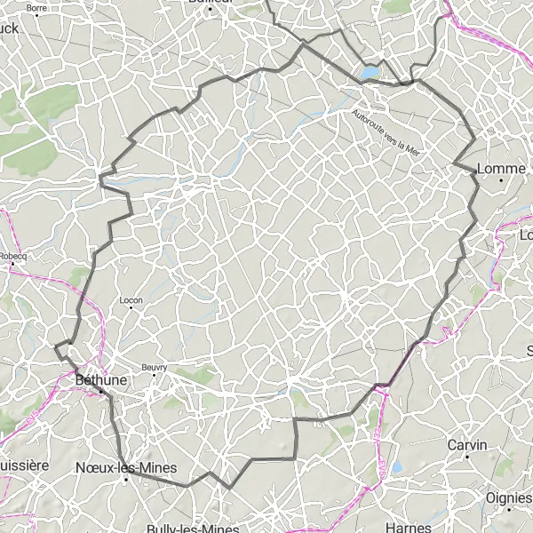 Miniature de la carte de l'inspiration cycliste "La Campagne Verdoyante autour de Vendin-lès-Béthune" dans la Nord-Pas de Calais, France. Générée par le planificateur d'itinéraire cycliste Tarmacs.app