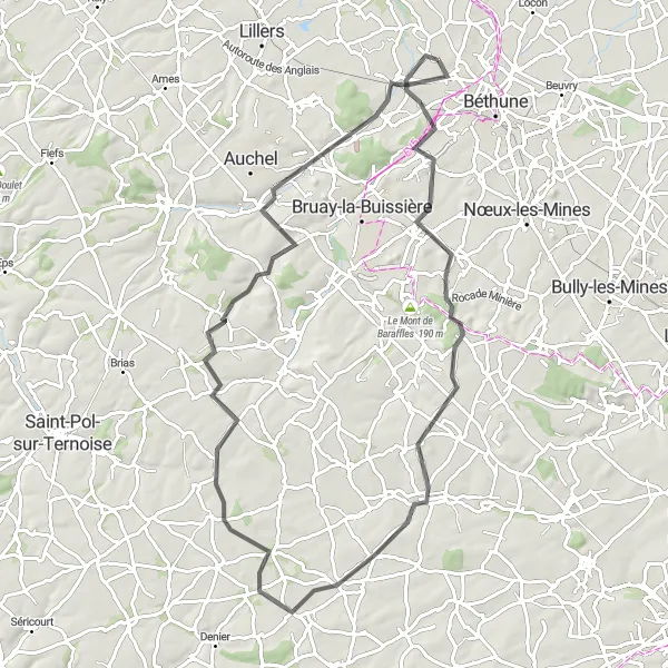 Map miniature of "Scenic Routes" cycling inspiration in Nord-Pas de Calais, France. Generated by Tarmacs.app cycling route planner