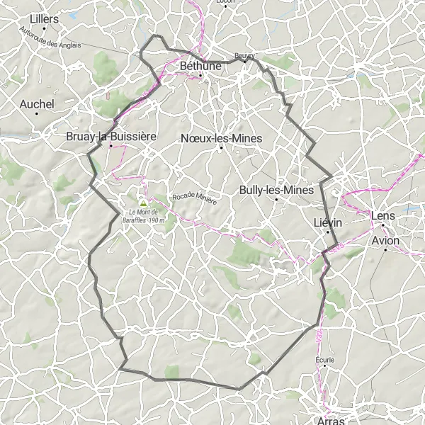 Miniature de la carte de l'inspiration cycliste "Boucle routière de Béthune à Houdain" dans la Nord-Pas de Calais, France. Générée par le planificateur d'itinéraire cycliste Tarmacs.app