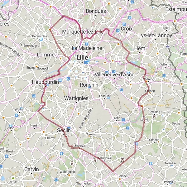 Miniature de la carte de l'inspiration cycliste "Aventure Gravel autour de Verlinghem" dans la Nord-Pas de Calais, France. Générée par le planificateur d'itinéraire cycliste Tarmacs.app