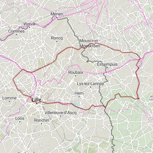 Miniature de la carte de l'inspiration cycliste "Circuit à vélo gravel Bondues - Lille" dans la Nord-Pas de Calais, France. Générée par le planificateur d'itinéraire cycliste Tarmacs.app