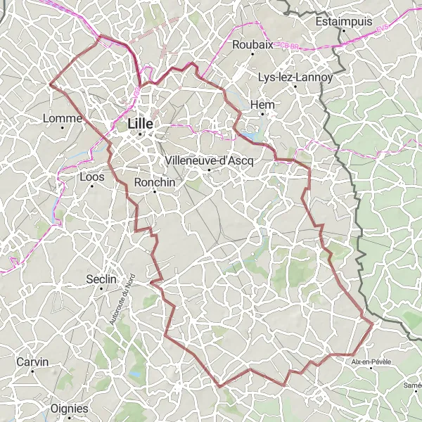 Miniature de la carte de l'inspiration cycliste "Boucle Verlinghem - Auchy-lez-Orchies" dans la Nord-Pas de Calais, France. Générée par le planificateur d'itinéraire cycliste Tarmacs.app