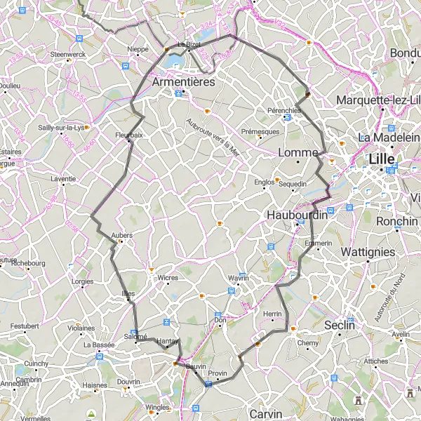 Miniature de la carte de l'inspiration cycliste "Exploration du Nord-Pas de Calais" dans la Nord-Pas de Calais, France. Générée par le planificateur d'itinéraire cycliste Tarmacs.app