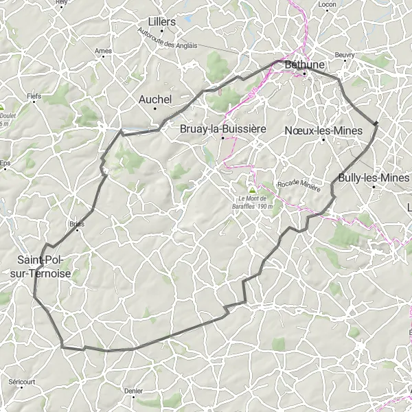 Map miniature of "The Coal Mines Loop" cycling inspiration in Nord-Pas de Calais, France. Generated by Tarmacs.app cycling route planner