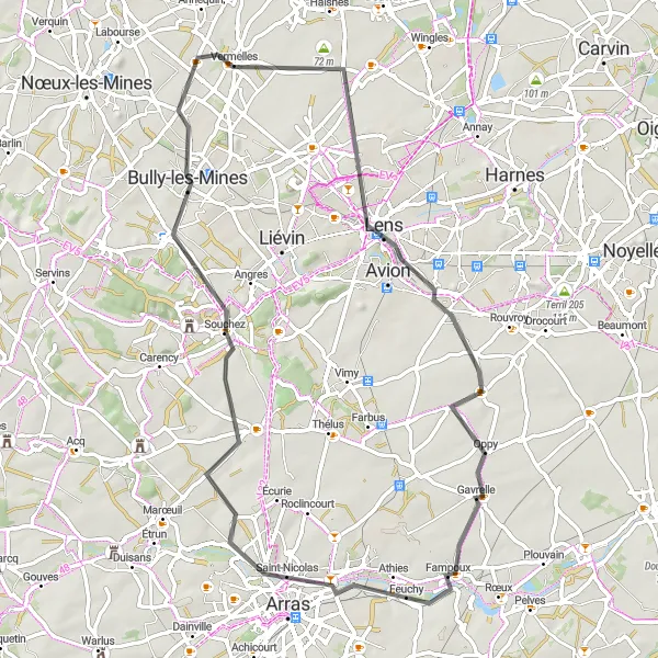 Map miniature of "The Lens Road Adventure" cycling inspiration in Nord-Pas de Calais, France. Generated by Tarmacs.app cycling route planner