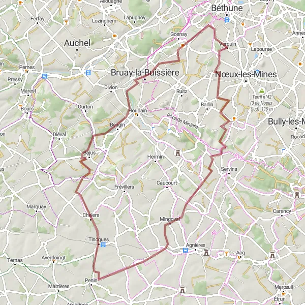 Miniature de la carte de l'inspiration cycliste "La Boucle de Verquin" dans la Nord-Pas de Calais, France. Générée par le planificateur d'itinéraire cycliste Tarmacs.app