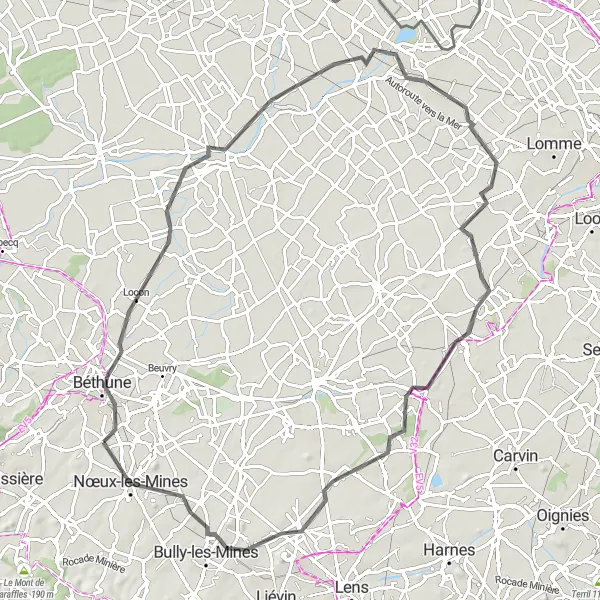 Miniature de la carte de l'inspiration cycliste "Balade à vélo dans les environs de Verquin" dans la Nord-Pas de Calais, France. Générée par le planificateur d'itinéraire cycliste Tarmacs.app