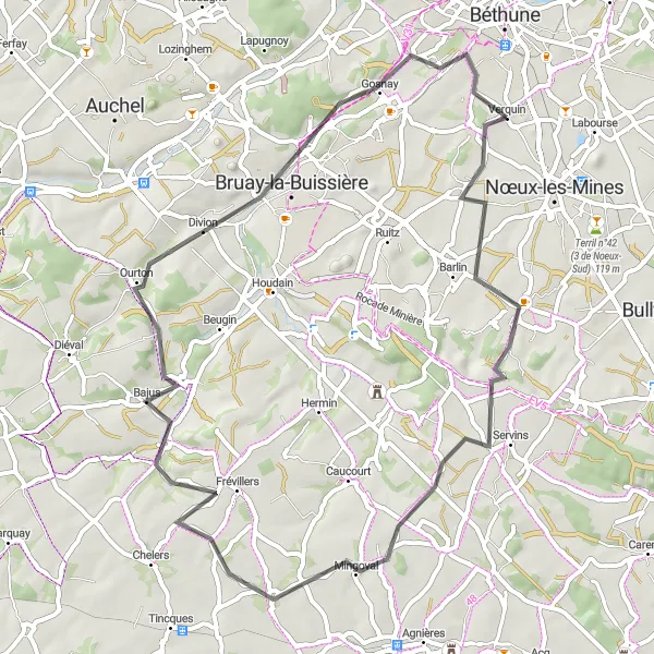 Miniature de la carte de l'inspiration cycliste "Echappée belle dans les collines du Nord" dans la Nord-Pas de Calais, France. Générée par le planificateur d'itinéraire cycliste Tarmacs.app