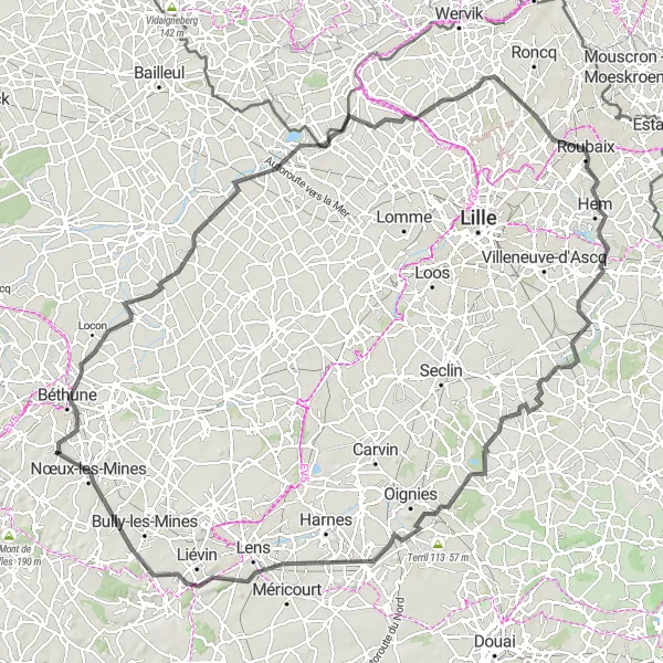 Map miniature of "The Northern Battlefields" cycling inspiration in Nord-Pas de Calais, France. Generated by Tarmacs.app cycling route planner