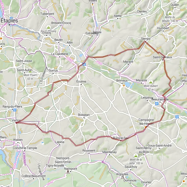 Map miniature of "Gravel Adventure to Mont des Rietz" cycling inspiration in Nord-Pas de Calais, France. Generated by Tarmacs.app cycling route planner
