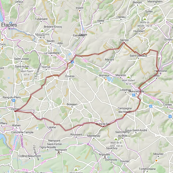 Map miniature of "Campagne-lès-Hesdin & Ébruyères Gravel Cycling Route" cycling inspiration in Nord-Pas de Calais, France. Generated by Tarmacs.app cycling route planner