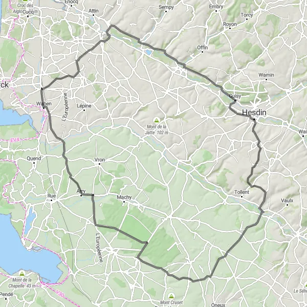 Map miniature of "Venturing to Mont de Quenne" cycling inspiration in Nord-Pas de Calais, France. Generated by Tarmacs.app cycling route planner