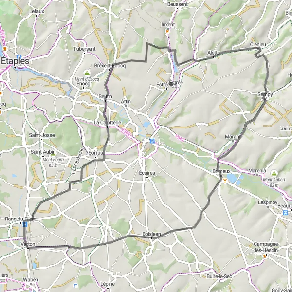 Map miniature of "Exploring Calotterie and Bahot" cycling inspiration in Nord-Pas de Calais, France. Generated by Tarmacs.app cycling route planner