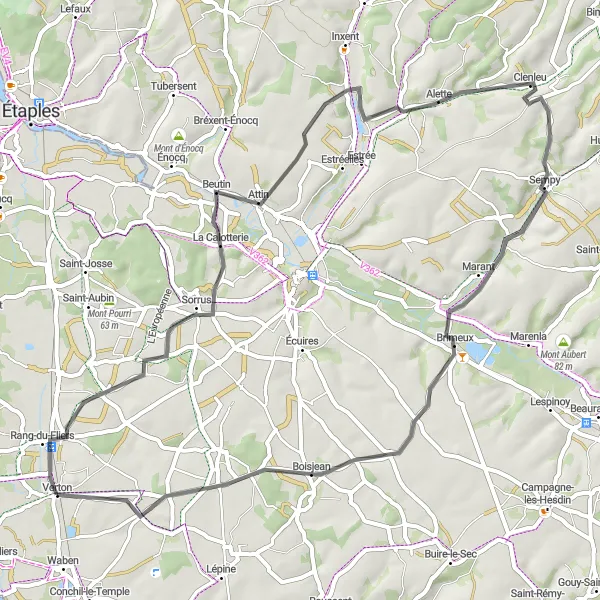 Miniature de la carte de l'inspiration cycliste "Tour des Points Pittoresques du Nord-Pas-de-Calais" dans la Nord-Pas de Calais, France. Générée par le planificateur d'itinéraire cycliste Tarmacs.app