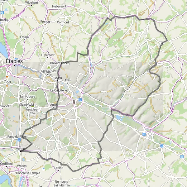Miniature de la carte de l'inspiration cycliste "Sentiers et Paysages du Nord" dans la Nord-Pas de Calais, France. Générée par le planificateur d'itinéraire cycliste Tarmacs.app