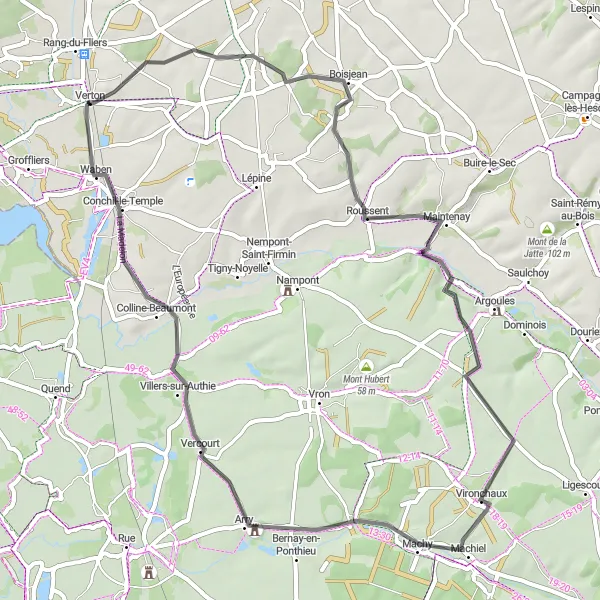 Map miniature of "Gris Mont & Roussent Road Cycling Route" cycling inspiration in Nord-Pas de Calais, France. Generated by Tarmacs.app cycling route planner