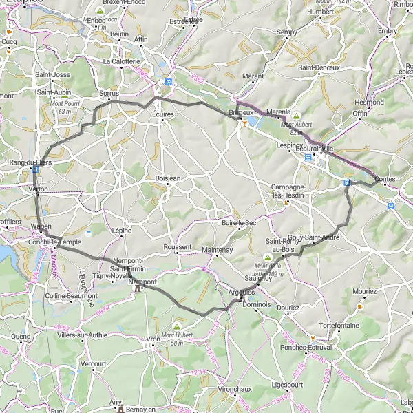 Miniature de la carte de l'inspiration cycliste "Le Circuit des Monts" dans la Nord-Pas de Calais, France. Générée par le planificateur d'itinéraire cycliste Tarmacs.app