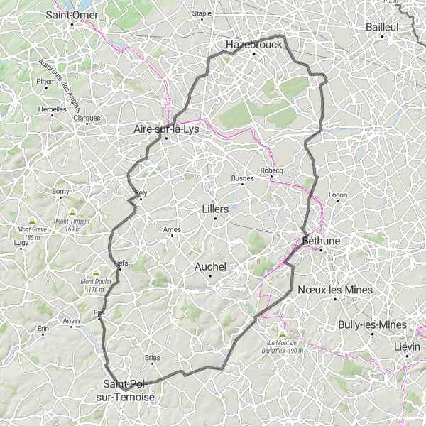 Miniature de la carte de l'inspiration cycliste "Le Défi de Terril n°9 et du Mont Beau" dans la Nord-Pas de Calais, France. Générée par le planificateur d'itinéraire cycliste Tarmacs.app