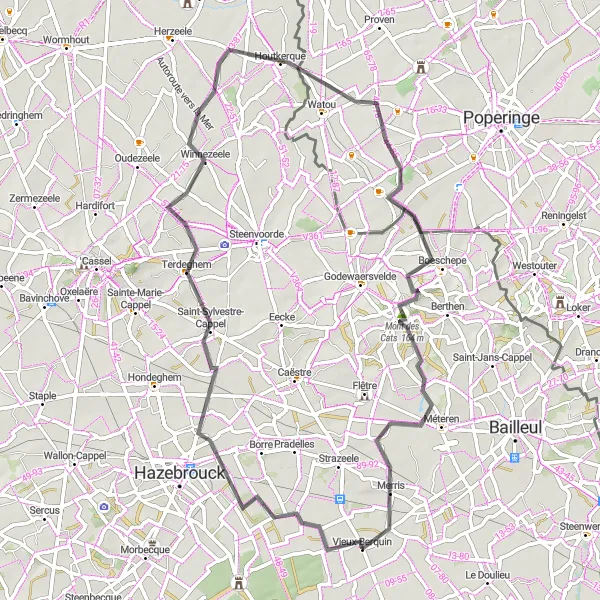 Map miniature of "Discovering West Flanders" cycling inspiration in Nord-Pas de Calais, France. Generated by Tarmacs.app cycling route planner