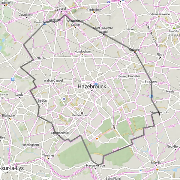 Miniature de la carte de l'inspiration cycliste "Le Tour de Haverskerque et Oxelaëre" dans la Nord-Pas de Calais, France. Générée par le planificateur d'itinéraire cycliste Tarmacs.app