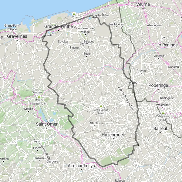 Map miniature of "Muddy Flanders Adventure" cycling inspiration in Nord-Pas de Calais, France. Generated by Tarmacs.app cycling route planner